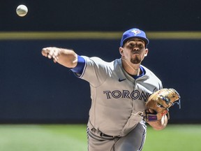 Toronto Blue Jays pitcher Jose Berrios throws a pitch in the first inning against the Milwaukee Brewers at American Family Field.