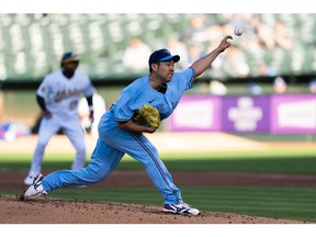 Jul 5, 2022; Oakland, California, USA; Toronto Blue Jays starting pitcher Yusei Kikuchi (16) pitches during the second inning against the Oakland Athletics at RingCentral Coliseum.