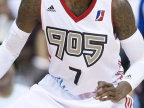 A Raptors 905 player is shown during first half NBA Development League action against the Maine Red Claws at the Hershey Centre in Mississauga, Ont., on November 19, 2015.