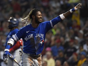 Toronto Blue Jays centre fielder Raimel Tapia reacts after hitting an inside the park grand slam against the Boston Red Sox at Fenway Park.