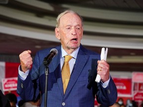 Former Liberal Prime Minister Jean Chretien addresses the audience before Canada's Liberal Prime Minister Justin Trudeau speaks at an election campaign stop in Brampton, Ontario, Canada, September 14, 2021.