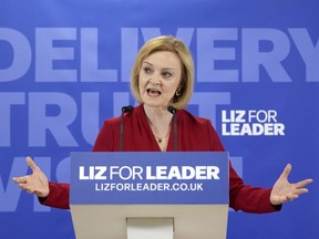 Britain's Secretary of State for Foreign, Commonwealth and Development Affairs, Liz Truss, speaks during the launch of her campaign to be Conservative Party leader and Prime Minister, in Westminster, in London, Thursday, July 14, 2022.