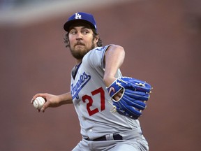 Los Angeles Dodgers starting pitcher Trevor Bauer works against the San Francisco Giants May 21, 2021, in San Francisco.