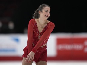 Veronik Mallet reacts after finishing her routine during the senior women's free program at the National Skating Championships, in Ottawa on January 8, 2022.