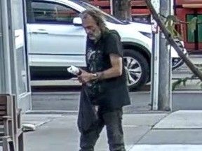 An image released by Toronto Police IN 2022 of a suspect sought in hate-motivated mischief investigation at Dundas St. W. and McCaul St. on July 13, 2022.