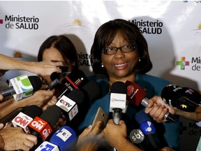 Director of the Pan American Health Organization Carissa Etienne makes declarations to the media during a meeting of Public Health ministers of the  Mercosur trade block (Argentina, Brazil, Paraguay, Uruguay and Venezuela) and from Bolivia, Colombia, Ecuador, Peru, Mexico, Dominican Republic and Suriname at the Mercosur building to discuss policies to deal with the Zika virus, in Montevideo February 3, 2016.
