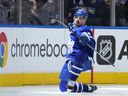 Toronto Maple Leafs centre Auston Matthews (34) celebrates his goal against Tampa Bay Lightning goaltender Andrei Vasilevskiy during third period NHL first-round playoff series action in Toronto on Tuesday, May 10, 2022.