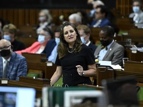 Deputy Prime Minister and Minister of Finance Chrystia Freeland rises during Question Period in the House of Commons on Parliament Hill in Ottawa on Thursday, June 23, 2022.
