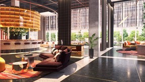 Sixth-floor lobby-set Living Room features a three-story glass box atrium and an outdoor terrace. W TORONTO HANDOUT