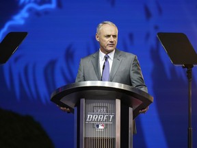 MLB Commissioner Rob Manfred speaks during the 2022 MLB baseball draft, Sunday, July 17, 2022, in Los Angeles.