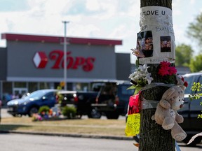 A memorial during the reopening of a Tops Friendly Markets on Jefferson Avenue, the site of the killing of 10 people in an attack by an avowed white supremacist, in Buffalo, New York, U.S., July 15, 2022.