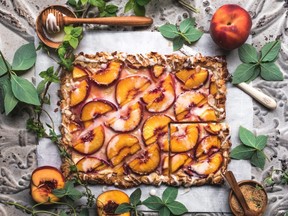 Peaches and Cream Tart with Maple Syrup Glaze - Betty Binon from Stems and Forks for Produce Made Simple (producemadesimple.ca).