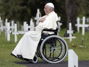Pope Francis, the current head of the Catholic Church, prays at Ermineskin Cemetery in Maskwacis, Alberta on Monday July 25, 2022.