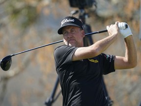 Ian Poulter watches his shot off the sixth tee during the third round of the Dell Technologies Match Play Championship golf tournament March 25, 2022, in Austin, Texas.