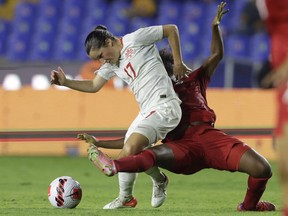 Canada's Jessie Fleming  in action with Panama's Deysire Salazar at the Concacaf W Championship at the Estadio Universitario on July 8, 2022.