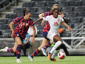 Canada's Nichelle Prince in action with Sophia Smith of the U.S., in the Concacaf W Championship Final at the BBVA Stadium in Monterrey, Mexico on July 18, 2022.