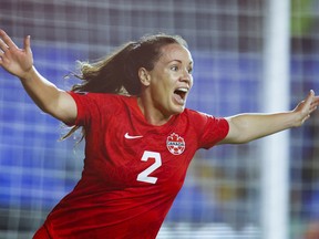 Canada defender Allysha Chapman (2) celebrates her goal against Jamaica during a semifinal game of the 2022 CONCACAF W Championship at University Stadium in Monterrey, Mexico on July 14, 2022.