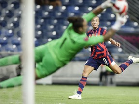 United States forward Mallory Pugh (9) shoots against Canada goalkeeper Kailen Sheridan (1) during the first half of the final match of the 2022 Concacaf W Championship soccer competition at University Stadium on July 18, 2023.