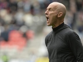 May 8, 2022; Vancouver, British Columbia, CAN; Toronto FC head coach Bob Bradley reacts during the second half against the Vancouver Whitecaps at BC Place.