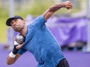 Olympic gold medalist Damian Warner practices shot-put at Western on Tuesday July 5, 2022.