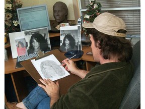 TENNESSEE, TX, December 15, 2005, Artist Todd Matthews started Project Edan ( Everbody Deserves a Name), a group of forensic sketch artists who volunteer for small police agencies without staff artists. His group volunteered to sketch 27 original pictures of Robert Pickton's victims. Matthews works on a sketch of victim Sarah de Vries.