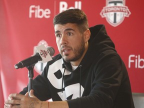 Toronto FC midfielder Alejandro Pozuelo speaks about the past season at their year-end press conference at the Training Academy at Downsview in Toronto, Ont. on Wednesday November 24, 2021.