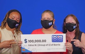 Three friends who work in health care -- Edna Woodrow, of Barrie, Jacinta King-Fernandes, of Bradford, and Penny Daley, also of Bradford -- won $100,000 in the June 8 LOTTO 6/49 draw using birthdates.
