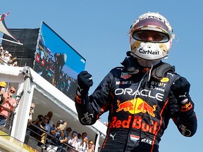 Max Verstappen celebrates as he leaves his car after winning the French Grand Prix at the Circuit Paul-Ricard in Le Castellet, southern France, on July 24, 2022.