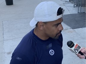 Toronto Argonauts running back Andrew Harris speaks with the media after the Argos' walk through on Sunday. Toronto plays the Winnipeg Blue Bombers on Monday in the first game between Harris and his hometown team he played five seasons and helped to Grey Cup championship in 2019 and 2021.