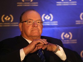 Scotty Bowman, one of the 2017 Distinguished Honourees of the Order of Hockey in Canada, answers questions at the Sheraton Cavalier in Saskatoon on June 19, 2017.