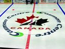 The Hockey Canada logo is displayed at centre ice at the Casman Centre in Fort McMurray, Alta.