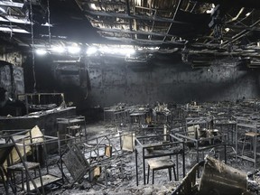 Major fire damage fills the interior at the Mountain B pub in the Sattahip district of Chonburi province, about 160 kilometres southeast of Bangkok, Thailand.