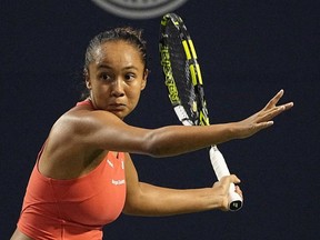 Canadian Leylah Fernandez goes to return a ball to Storm Sanders of Australia during a first-round match at the National Bank Open in Toronto on Aug. 8, 2022.