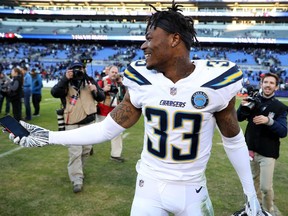 Derwin James of the Los Angeles Chargers celebrates after defeating the Baltimore Ravens after the AFC Wild Card Playoff game at M&T Bank Stadium on January 06, 2019 in Baltimore, Maryland.