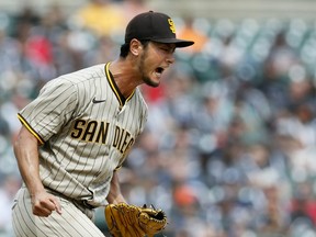 Yu Darvish of the San Diego Padres reacts after striking out Riley Greene of the Detroit Tigers to end the seventh inning at Comerica Park on July 27, 2022, in Detroit, Michigan.