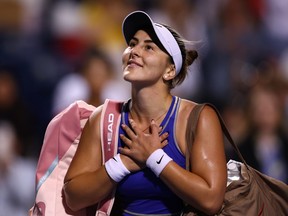 Bianca Andreescu of Canada acknowledges the crowd after losing to Qinwen Zheng of China during the National Bank Open, part of the Hologic WTA Tour, at Sobeys Stadium on August 11, 2022 in Toronto.