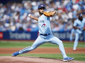 Mitch White of the Toronto Blue Jays pitches in the first inning of their MLB game against the Cleveland Guardians at Rogers Centre on August 13, 2022 in Toronto.