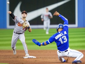 Terrin Vavra of the Baltimore Orioles turns a double play over Lourdes Gurriel Jr. of the Toronto Blue Jays in the third inning at the Rogers Centre on August 15, 2022 in Toronto, Ontario, Canada.