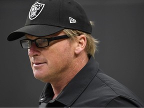 Head coach Jon Gruden of the Las Vegas Raiders walks onto the field before a game against the Chicago Bears at Allegiant Stadium on October 10, 2021 in Las Vegas, Nevada.