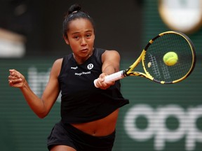 Leylah Fernandez of Canada plays a forehand against Martina Trevisan of Italy during the Women's Singles Quarter Final match on Day 10 of The 2022 French Open at Roland Garros on May 31, 2022 in Paris, France.