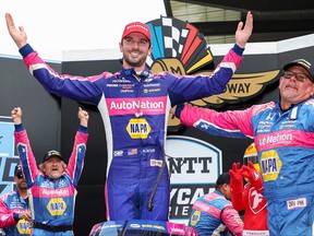 Alexander Rossi, driver of the #27 NAPA AUTO PARTS Honda, celebrates in victory lane after winning the NTT IndyCar Series Gallagher Grand Prix at the  Indianapolis Motor Speedway on July 30, 2022 in Indianapolis, Indiana.