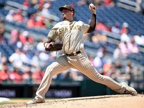 Blake Snell #4 of the San Diego Padres pitches in the fifth inning against the Washington Nationals at Nationals Park on August 14, 2022 in Washington, DC.