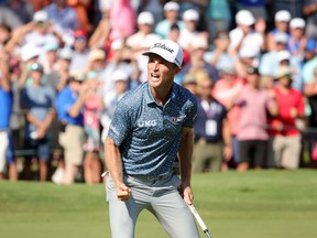 Will Zalatoris of the United States reacts on the 18th green in regulation after putting in to force a playoff against Sepp Straka of Austria during the final round of the FedEx St. Jude Championship at TPC Southwind on Sunday, Aug. 14, 2022 in Memphis, Tenn.