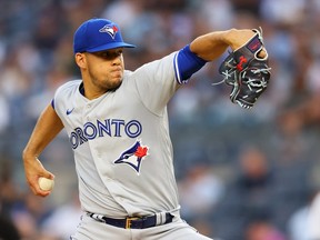 Jose Berrios #17 of the Toronto Blue Jays pitches in the first inning against the New York Yankees at Yankee Stadium on August 18, 2022 in New York City.