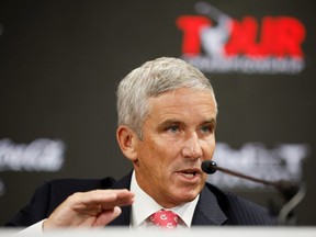 PGA Tour Commissioner Jay Monahan speaks during a press conference prior to the TOUR Championship at East Lake Golf Club on August 24, 2022 in Atlanta, Georgia.