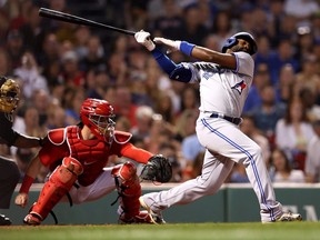 Jackie Bradley Jr. of the Toronto Blue Jays at bat against the Boston Red Sox during the fifth inning at Fenway Park on August 24, 2022 in Boston, Massachusetts.