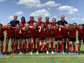Canada’s girls’ U-15 team poses for a team photo in Tampa, Fla. in a Friday, July 29, 2022 handout photo. Front row (left to right) are Shaden Al-Alsad, Liana Tarasco, Bianca Hanisch, Juliette Perrault, Nikolina Istocki, Sandrine Brault, Marée-Anne Van Doesburg, Keelyn Stewart, Sadie Brisbin, Taegan Stewart and Isabelle Chukwu. Back row (left to right) are: Sierra Gallant, Annabelle Chukwu, Yasmine Décombe, Keira Martin, Mya Angus, Emily Wong and Noelle Henning.&ampnbsp;Nikolina Istocki scored twice as Canada opened play at the CONCACAF Girls’ Under-15 Championship with a 5-0 win over Jamaica on Monday.