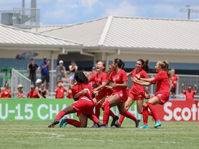 Canadian players celebrate after defeating Mexico 6-5 in a penalty shootout in Tampa on Friday, August 5, 2022. Canada will advance to Sunday’s final of the CONCACAF Girls' Under-15 Championship against the U.S.