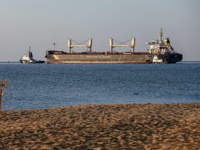 Malta-flagged bulk carrier M/V Rojen vessel, carrying tons of corn, leaves the Ukrainian port of Chornomorsk, before heading to Teesport in the United Kingdom, on August 5, 2022, amid the Russian invasion of Ukraine.