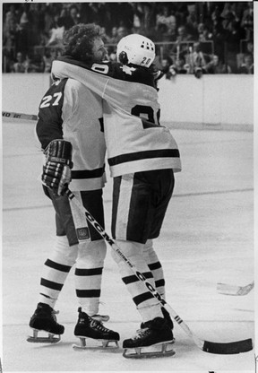 Borje Salming (right) celebrates with Darryl Sittler after Sittler scored five goals in a 1976 Maple Leafs 8-5 win over Philly.